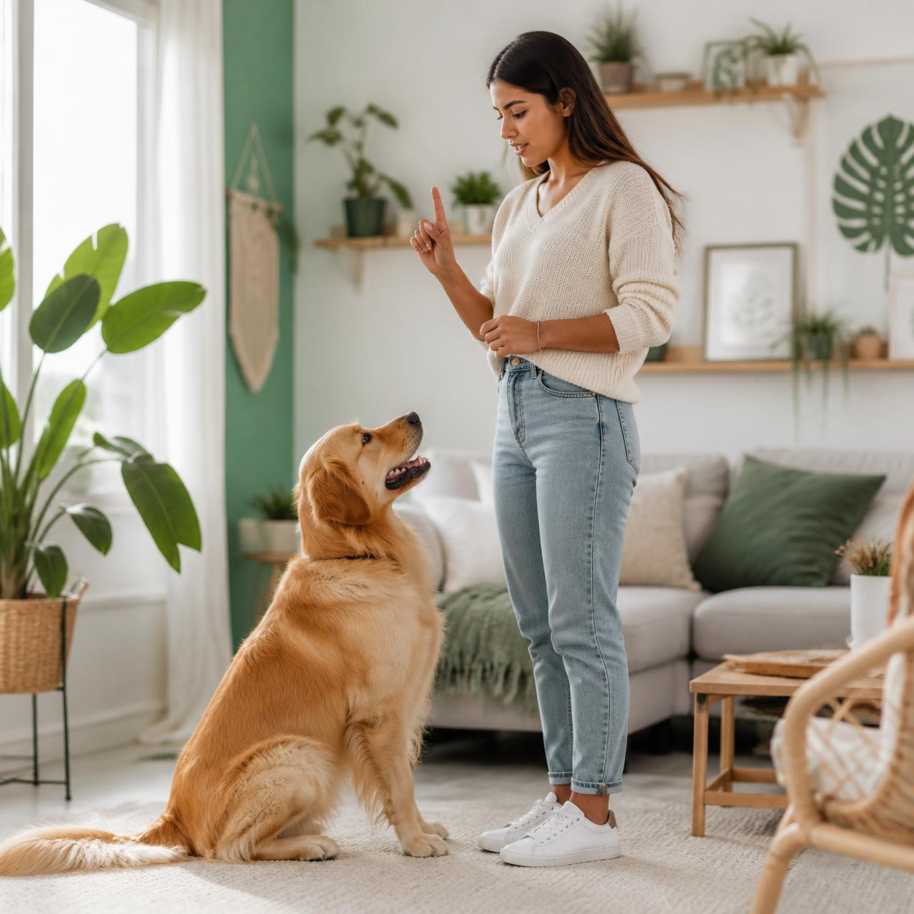 Tutora practicando señales con su perro en casa