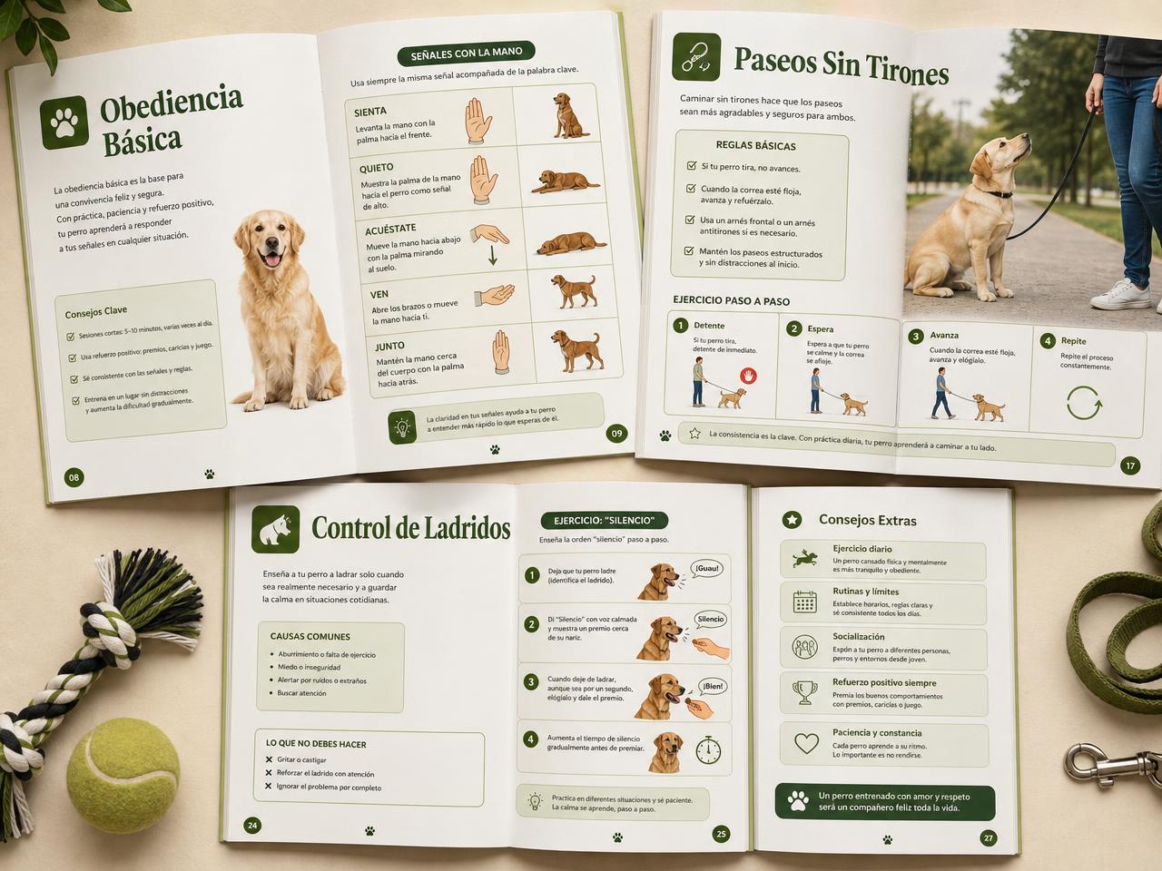 Páginas internas: Obediencia Básica, Paseos Sin Tirones y Control de Ladridos