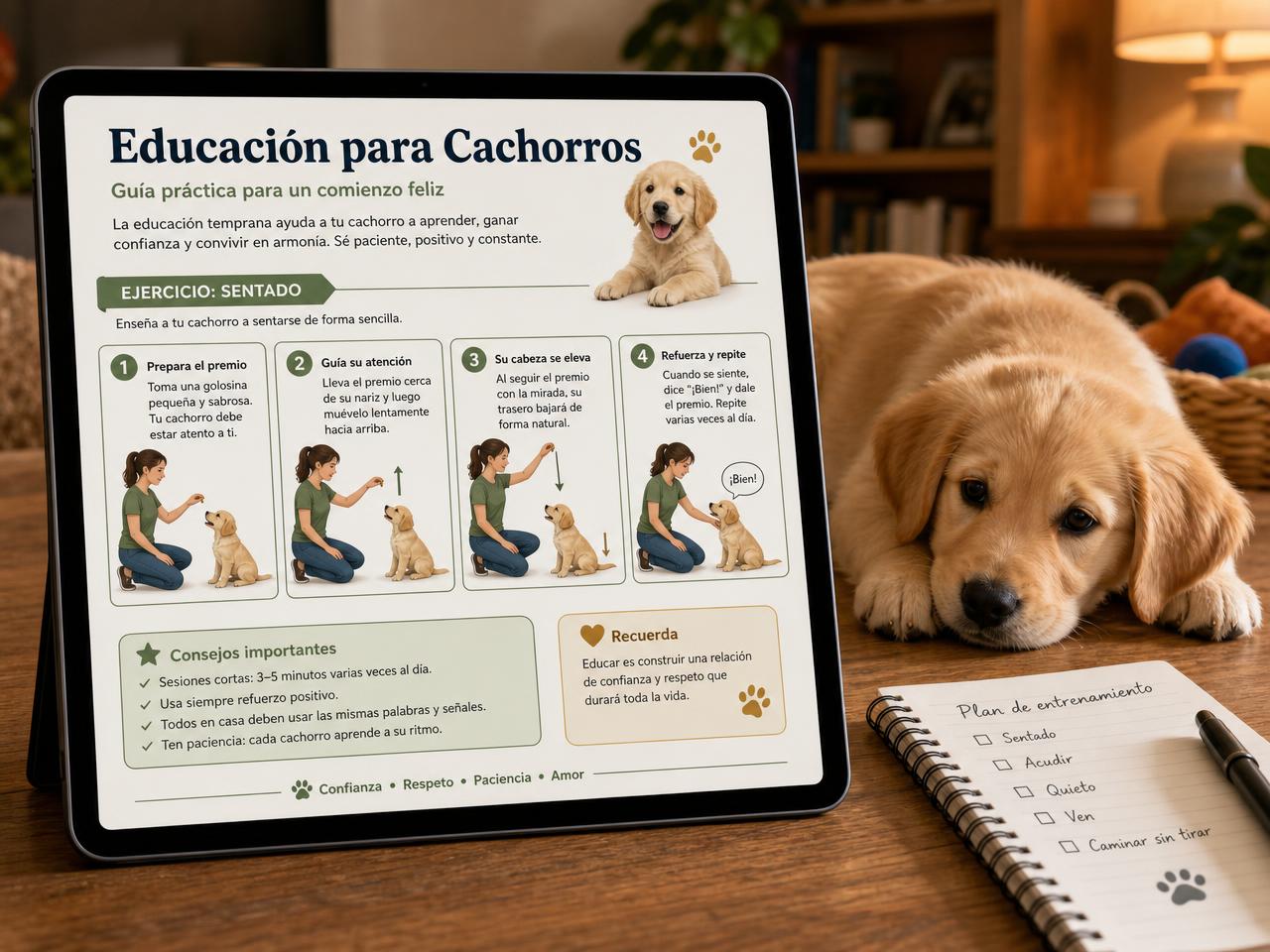 Guía Educación para Cachorros en tablet con ejercicios paso a paso