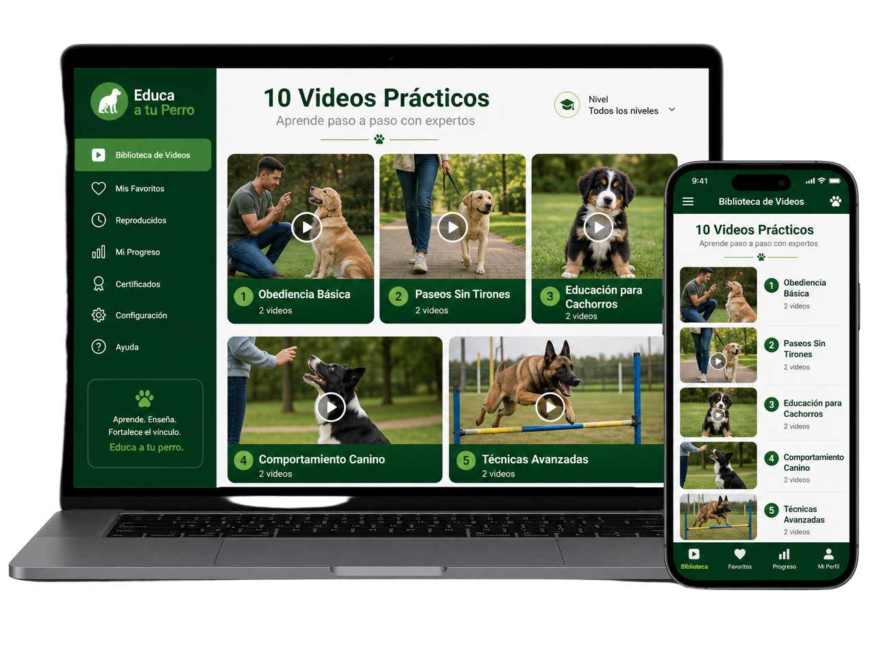 Biblioteca de 10 videos prácticos del Método Perro Educado en notebook y celular